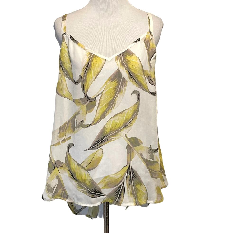 WHBM Leaf Print Cami Tank Womens Size 10 White Green Tropical Shell Backless Top